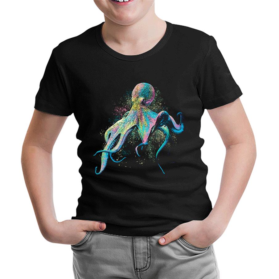 Colorful Octopus Siyah Çocuk Tshirt