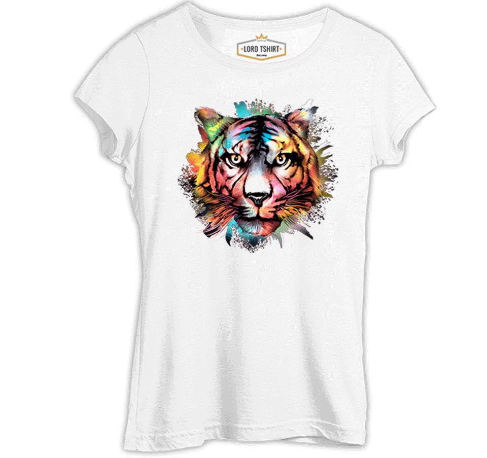 Colorful Tiger Head Beyaz Kadın Tshirt