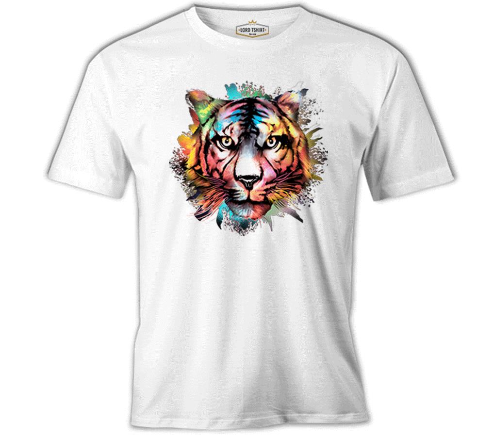 Colorful Tiger Head Beyaz Erkek Tshirt