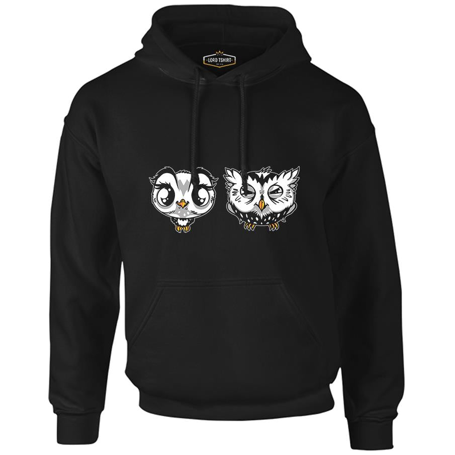 Cute Owls Cartoon Siyah Erkek Fermuarsız Kapşonlu