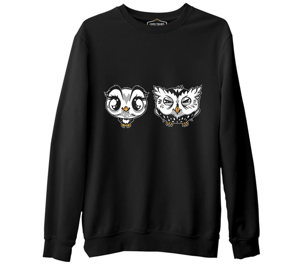 Cute Owls Cartoon Siyah Erkek Kalın Sweatshirt