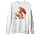 Cute Squirrel Holding an Umbrella Beyaz Erkek Kalın Sweatshirt