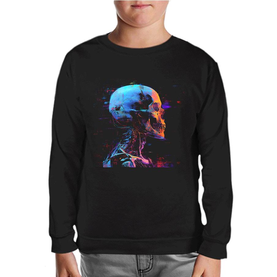 Digital Dream - Cyberpunk Skull Printed Black Kids Sweatshirt 