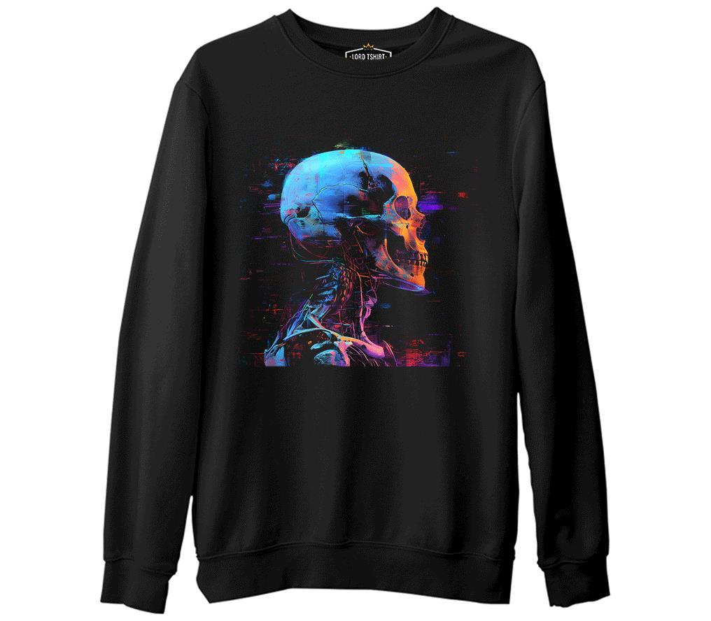 Digital Dream - Cyberpunk Skull Printed Black Men's Thick Sweatshirt 