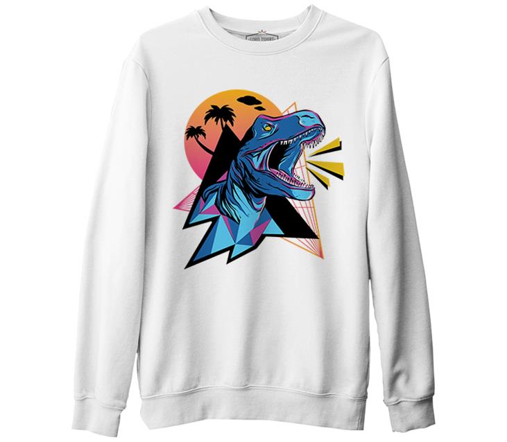 Dinosaur Shouting from a Triangle Background Beyaz Erkek Kalın Sweatshirt