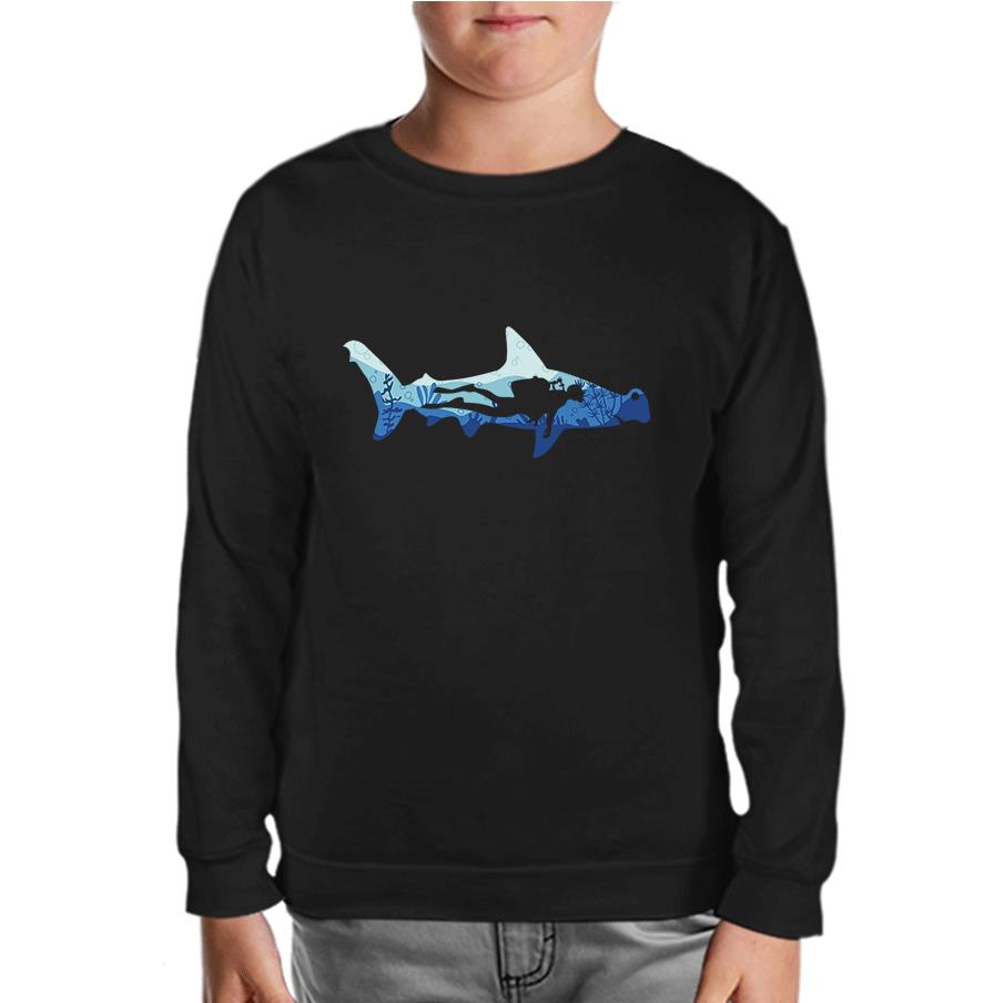 Diver Underwater in a Shark Silhouette Black Kids Sweatshirt