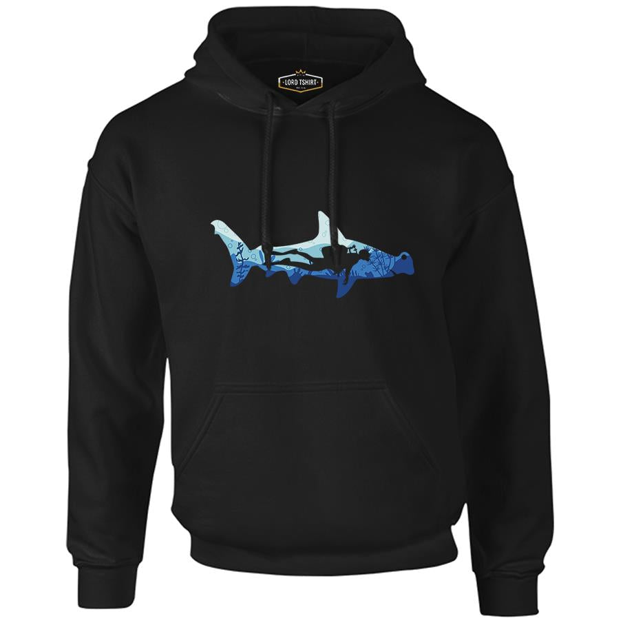 Diver Underwater in a Shark Silhouette Black Men's Zipperless Hoodie