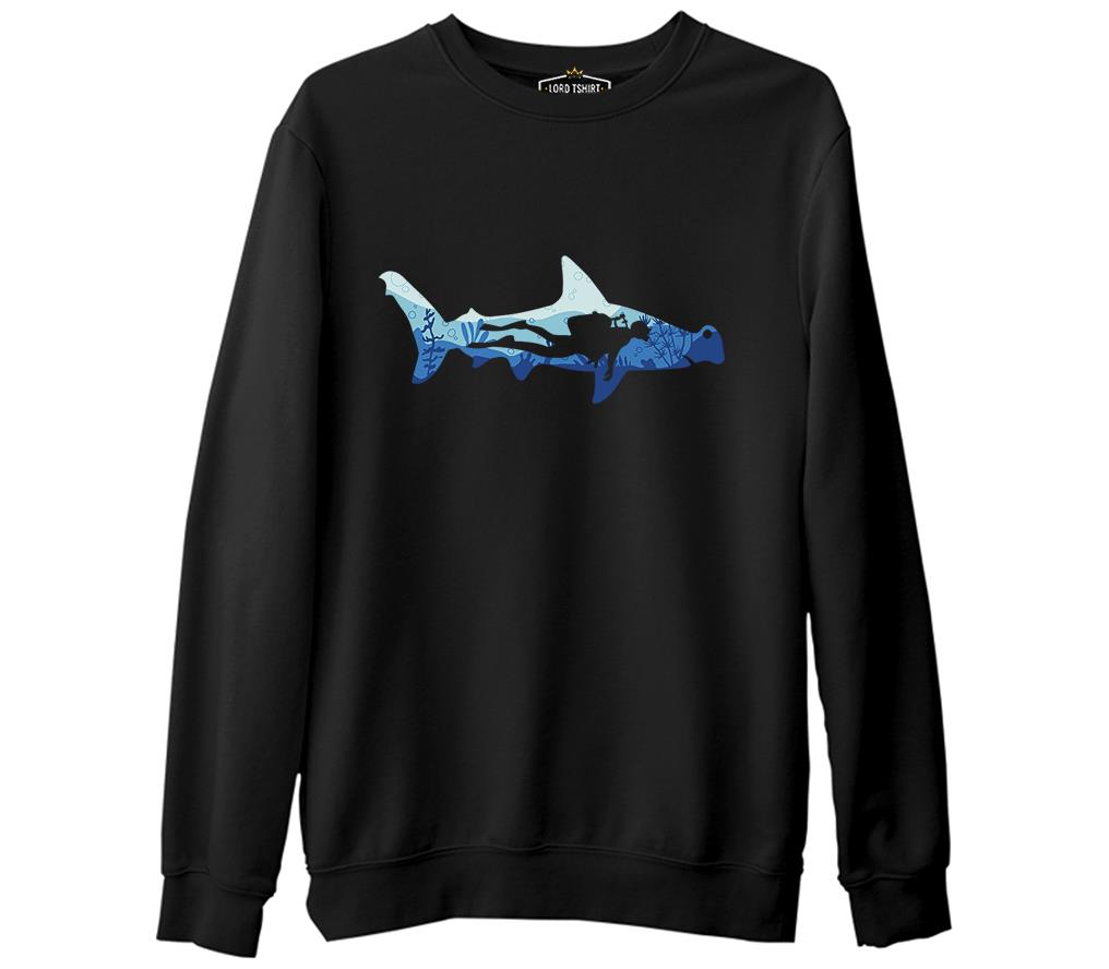 Diver Underwater in a Shark Silhouette Siyah Erkek Kalın Sweatshirt
