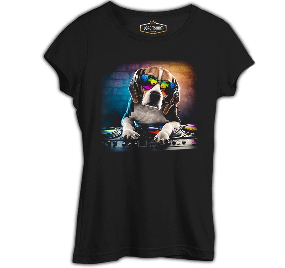 DJ Dog with Headphone Playing the Board Black Women's Tshirt