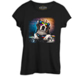 DJ Dog with Headphone Playing the Board Siyah Kadın Tshirt