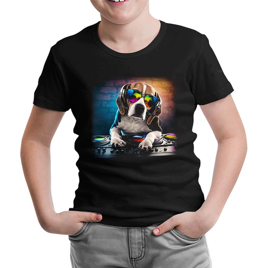 DJ Dog with Headphone Playing the Board Siyah Çocuk Tshirt