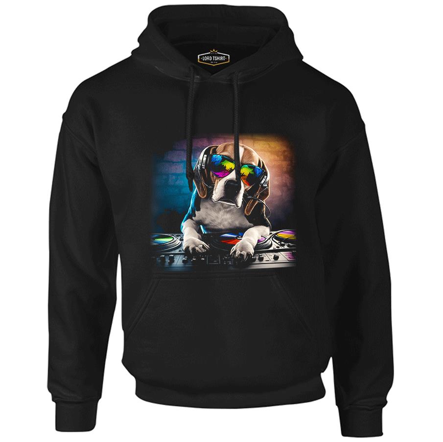 DJ Dog with Headphone Playing the Board Black Men's Zipperless Hoodie