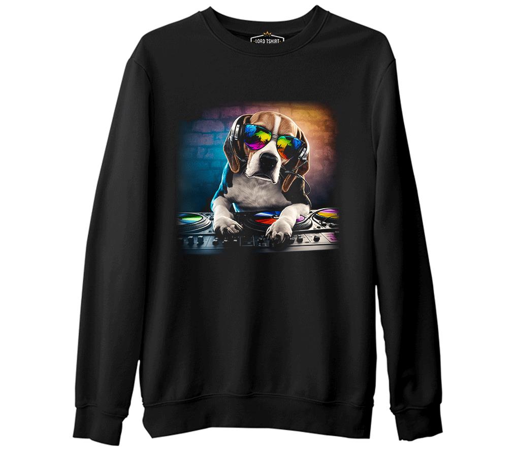 DJ Dog with Headphone Playing the Board Siyah Erkek Kalın Sweatshirt
