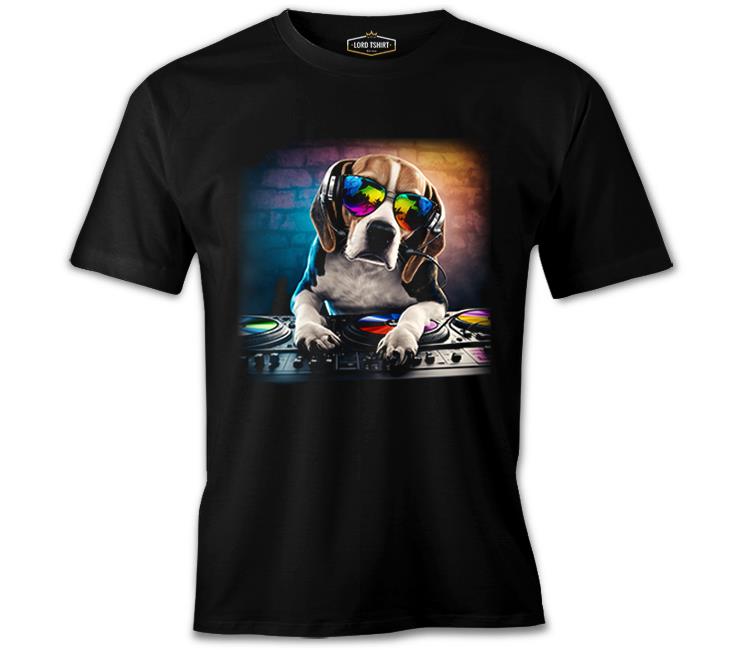 DJ Dog with Headphone Playing the Board Siyah Erkek Tshirt