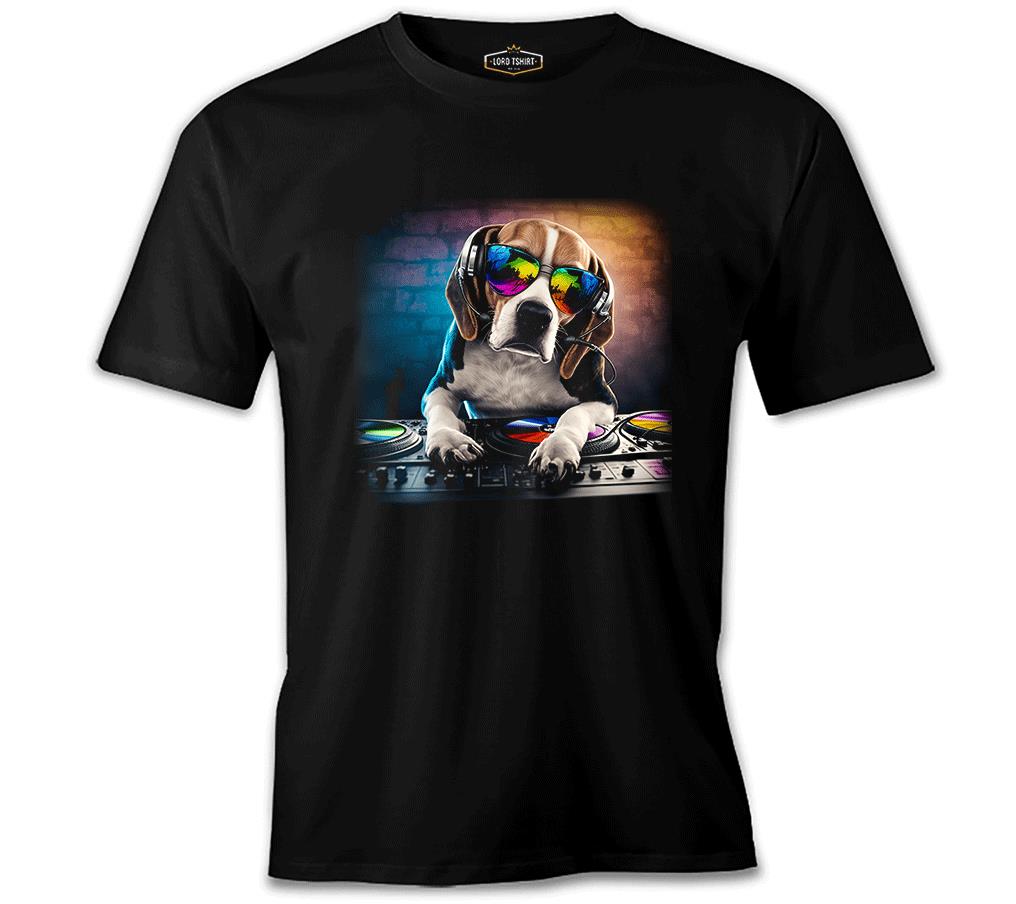 DJ Dog with Headphone Playing the Board Siyah Erkek Tshirt