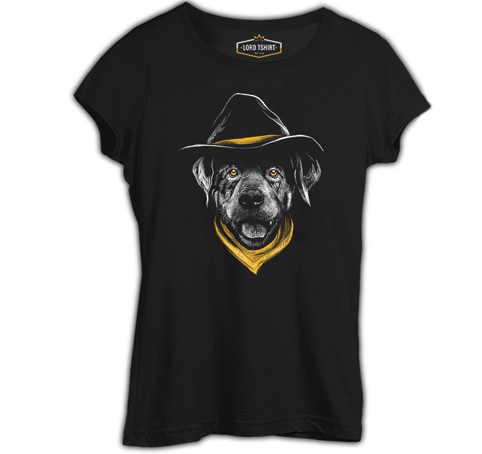 Dog Wearing a Hat and a Yellow Bandana Siyah Kadın Tshirt