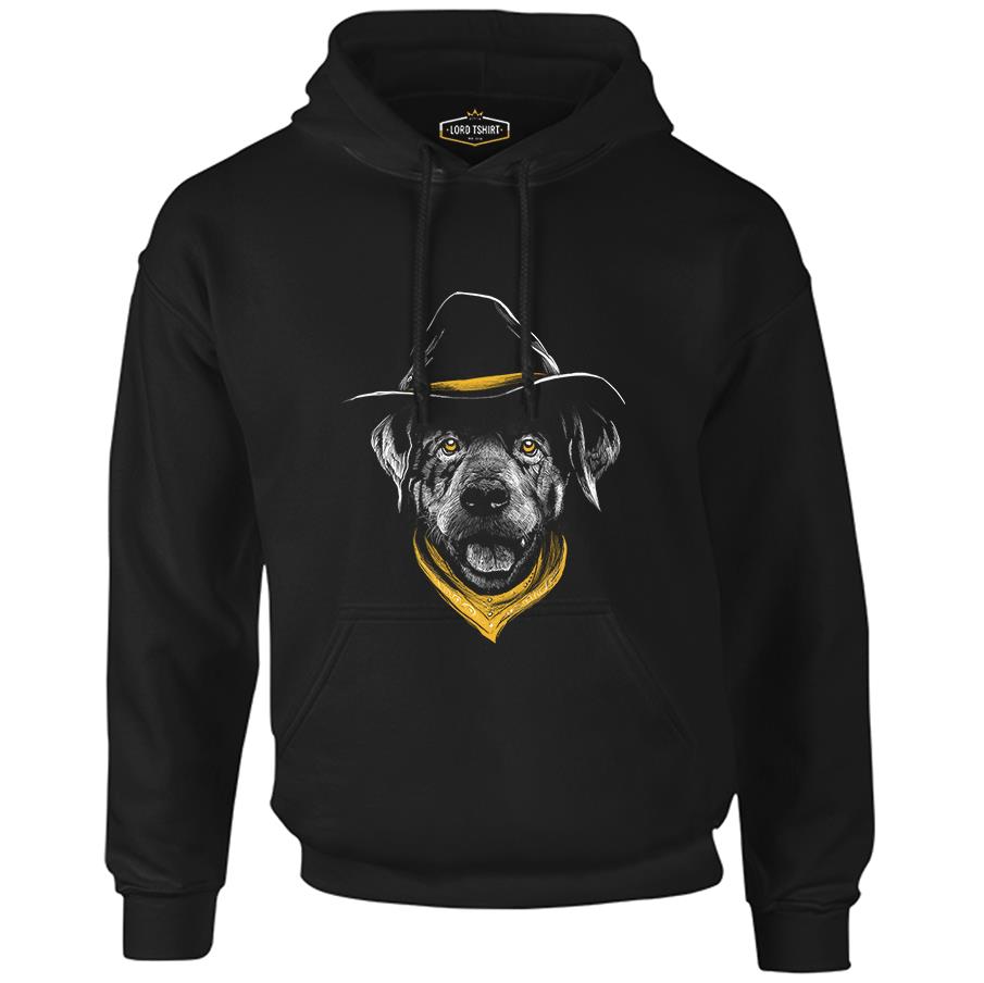 Dog Wearing a Hat and a Yellow Bandana Black Men's Zipperless Hoodie