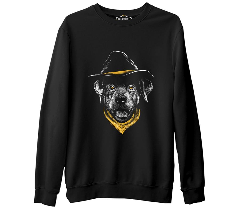 Dog Wearing a Hat and a Yellow Bandana Siyah Erkek Kalın Sweatshirt