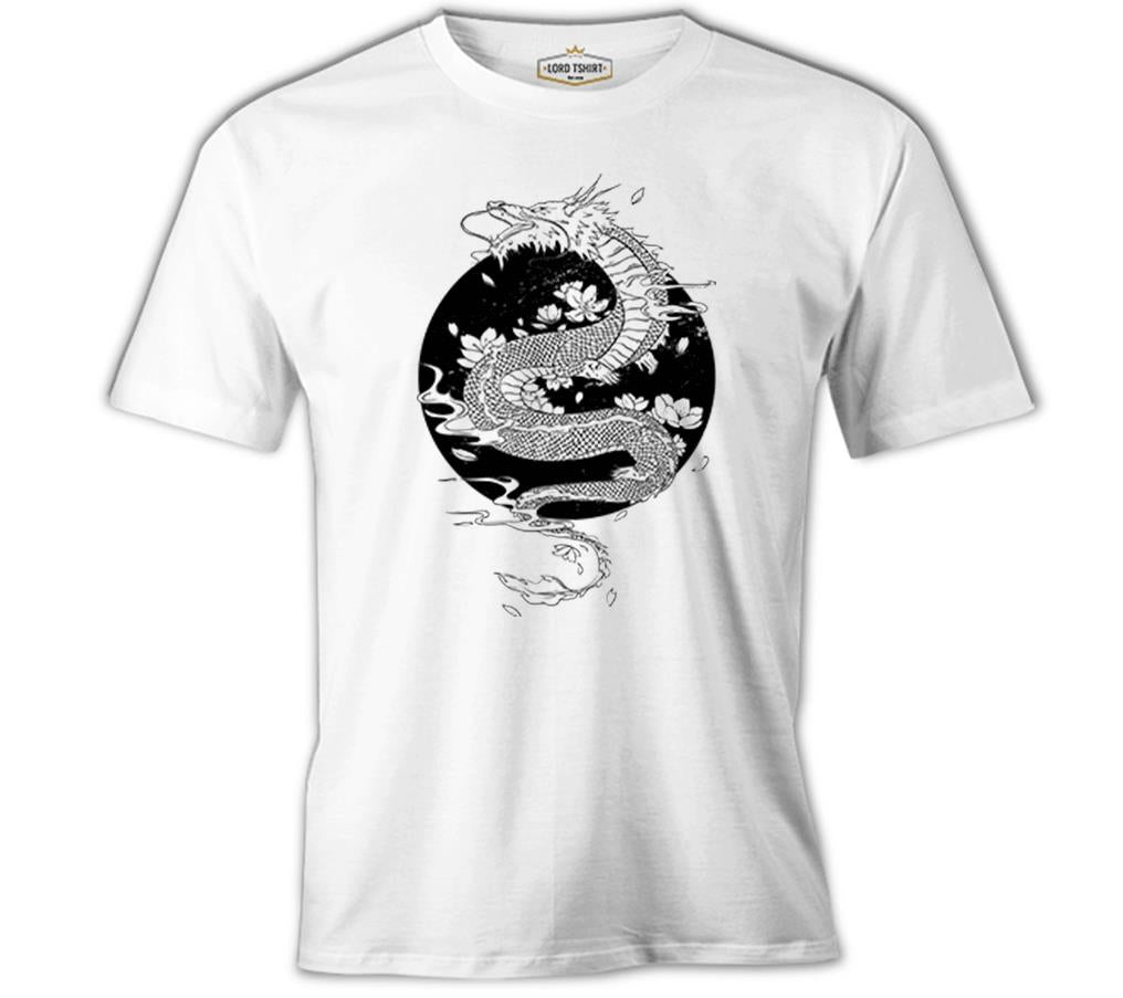 Dragon with Moon and Flowers Beyaz Erkek Tshirt