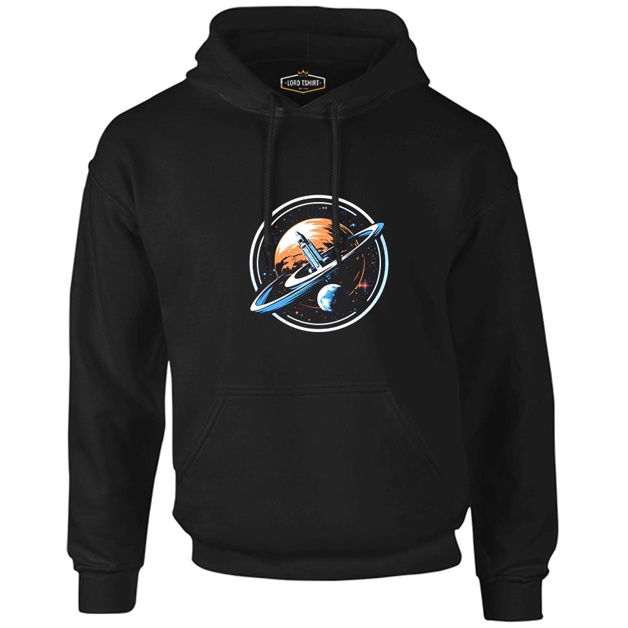 From Earth to Space Rocket Printed Black Men's Zipperless Hoodie 