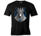 Egyptian god Anubis with a Blue Temple Background Black Men's Tshirt