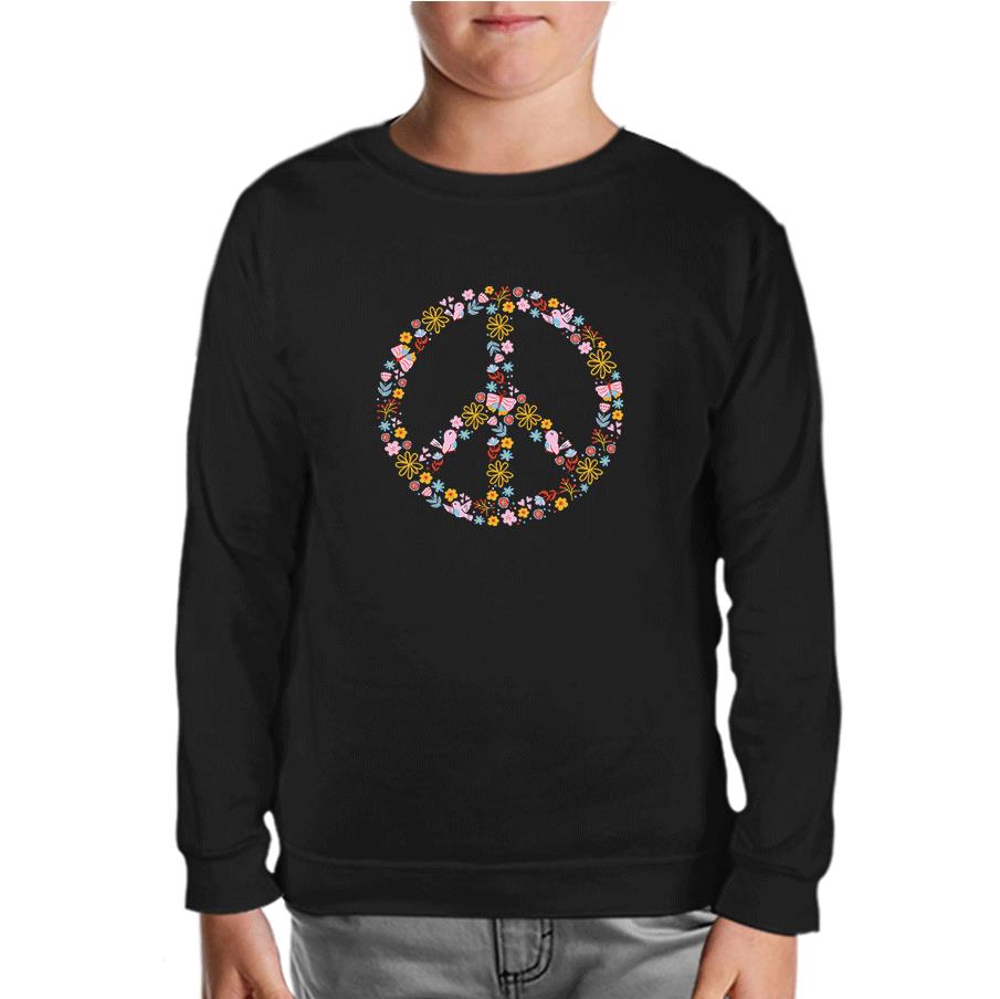 Floral Butterfly Birds Peace Symbol Black Kids Sweatshirt