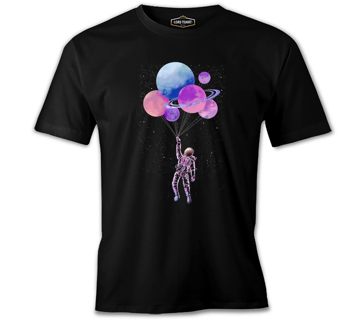 Flying with the Planets - Astronot Siyah Erkek Tshirt