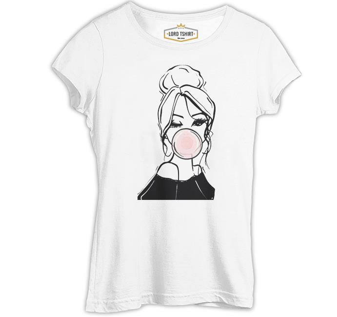 Girl Behind Bubble Gum Beyaz Kadın Tshirt