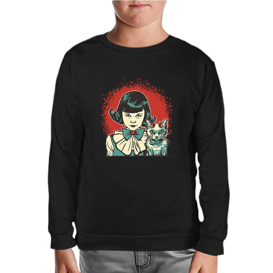 Mysterious Halloween - Mystical Girl and Mascot Cat Black Kids Sweatshirt 