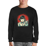 Mysterious Halloween - Mystical Girl and Mascot Cat Black Kids Sweatshirt 