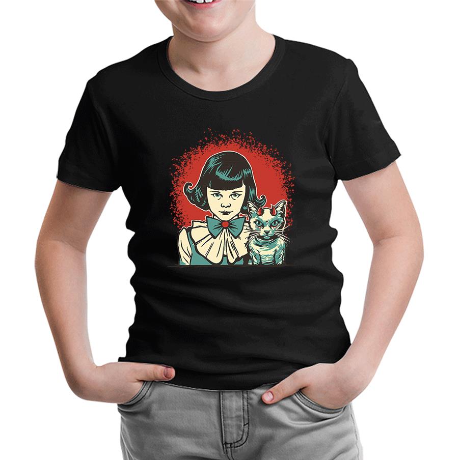 Gizemli Cadılar Bayramı - Mistik Kız ve Maskot Kedi Siyah Çocuk Tshirt