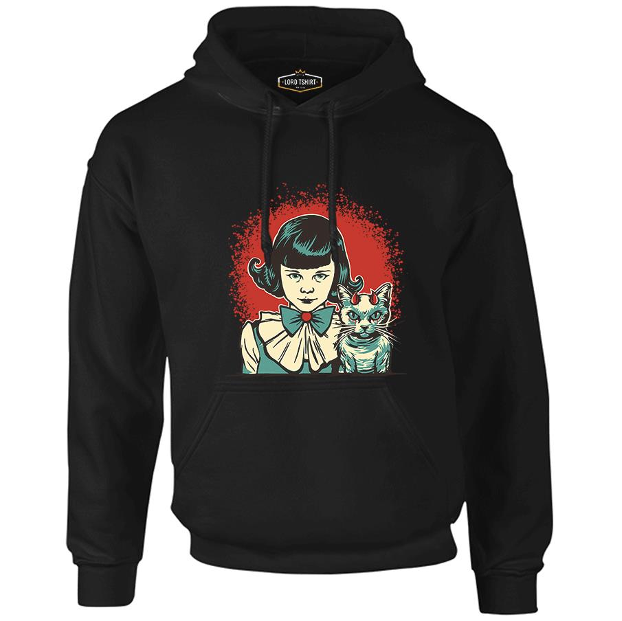 Mysterious Halloween - Mystic Girl and Mascot Cat Black Men's Zipperless Hoodie 