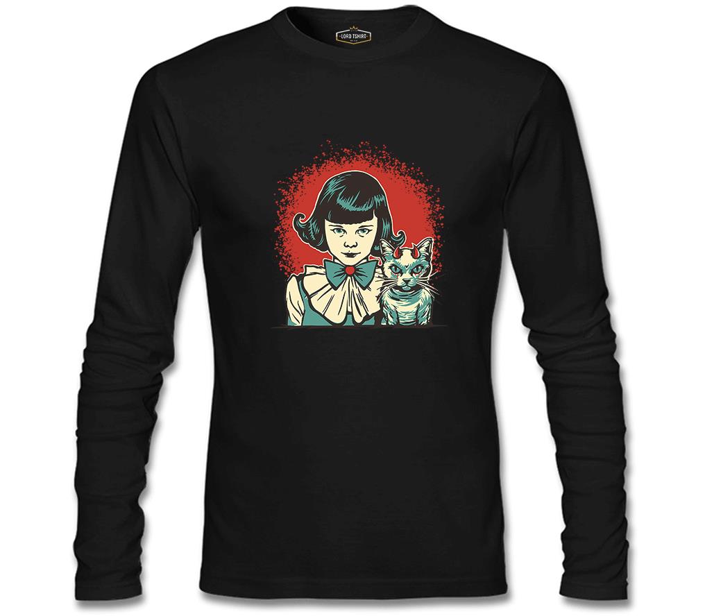 Gizemli Cadılar Bayramı - Mistik Kız ve Maskot Kedi Siyah Erkek Sweatshirt