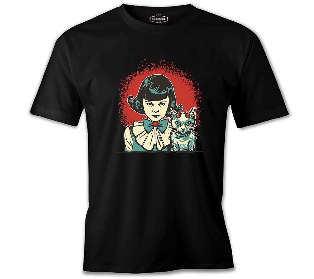 Gizemli Cadılar Bayramı - Mistik Kız ve Maskot Kedi Siyah Erkek Tshirt