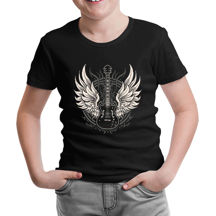 Guitar and the Wings Siyah Çocuk Tshirt