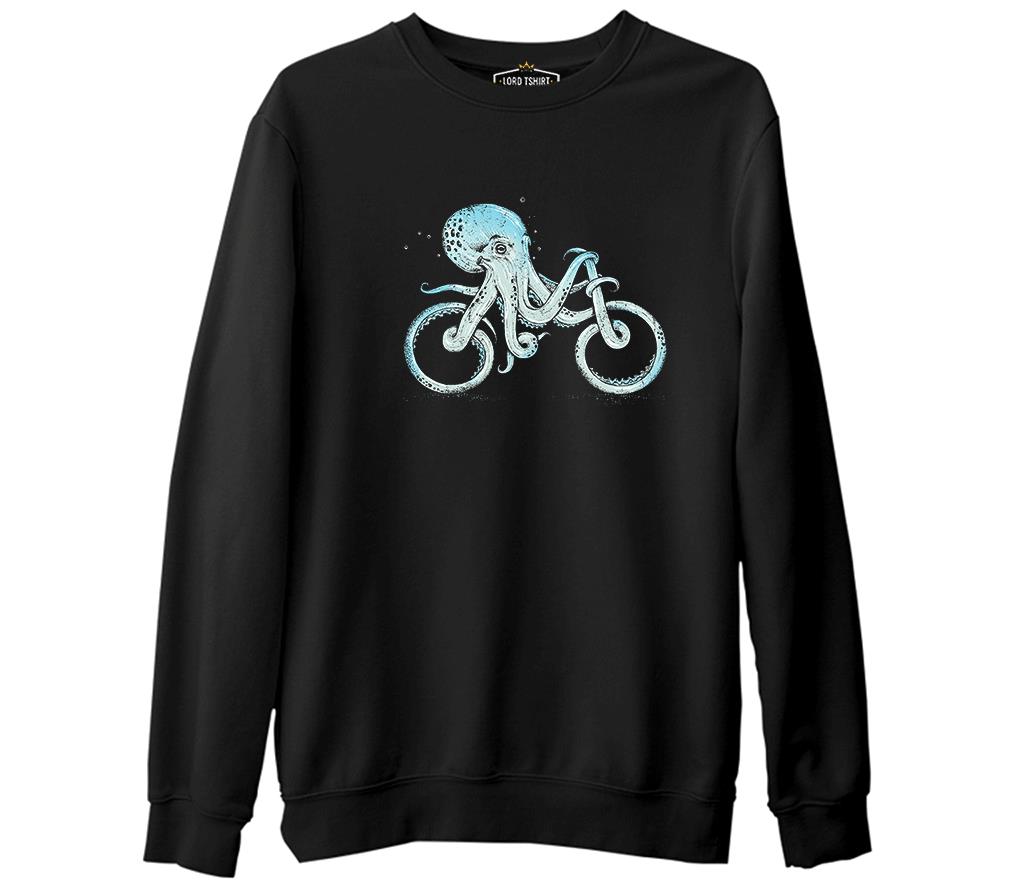 Hayvan - Ahtapot Bisiklet Siyah Erkek Kalın Sweatshirt