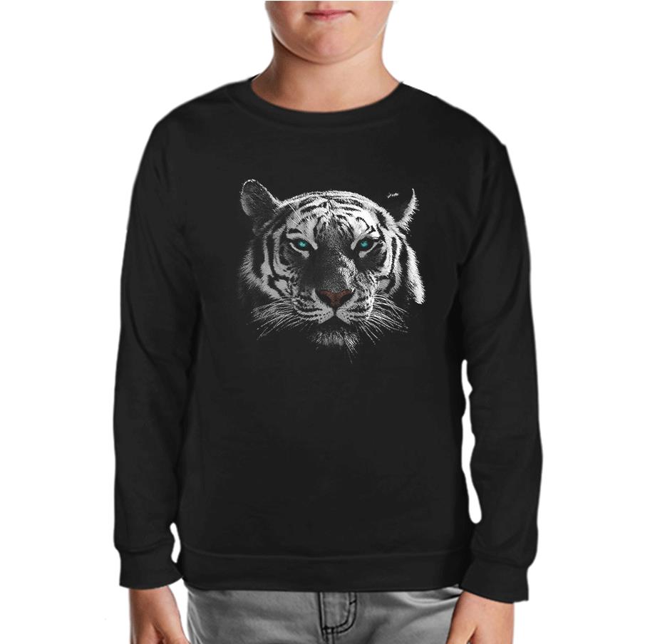 Hayvan - Kaplan Piksel Siyah Çocuk Sweatshirt