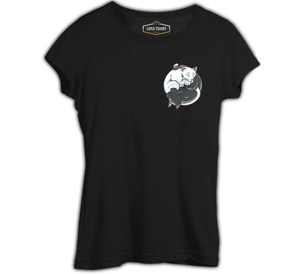 Hayvan - Yin Yang Kediler Logo Siyah Kadın Tshirt