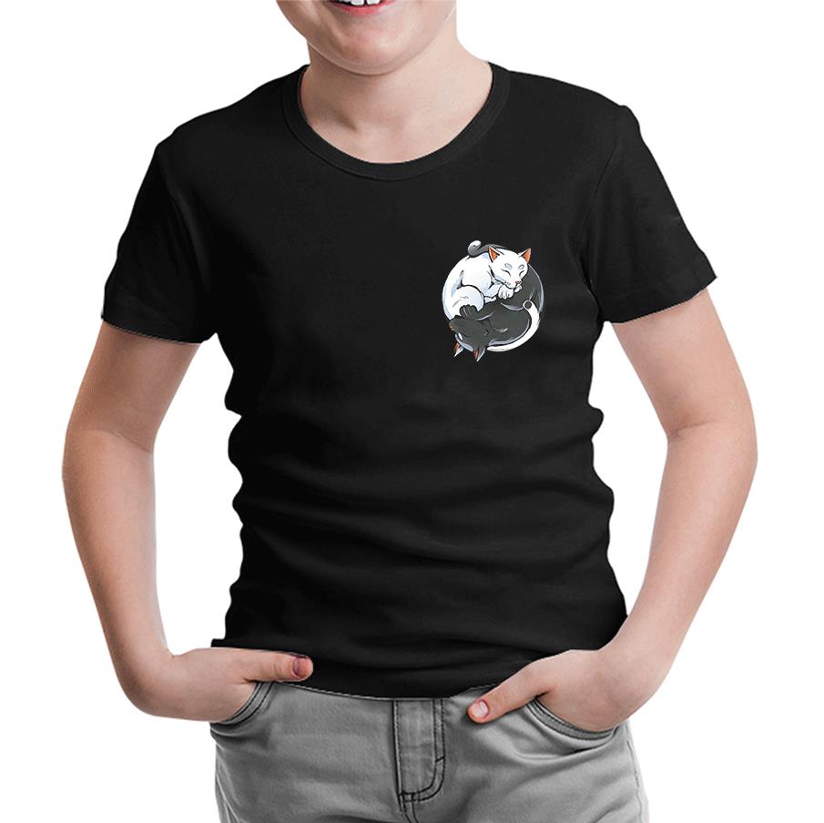 Hayvan - Yin Yang Kediler Logo Siyah Çocuk Tshirt