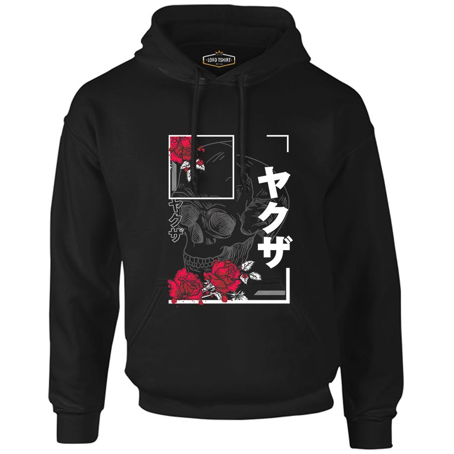 Japanese Quote and Flowers over a Skull Siyah Erkek Fermuarsız Kapşonlu