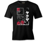 Japanese Quote and Flowers over a Skull Black Men's Tshirt