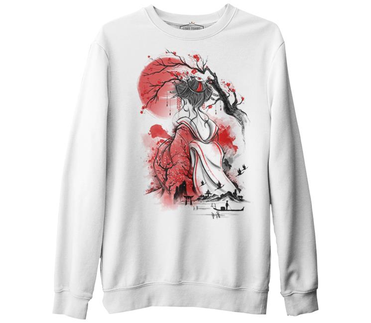 Japon Geisha - Ay Beyaz Erkek Kalın Sweatshirt