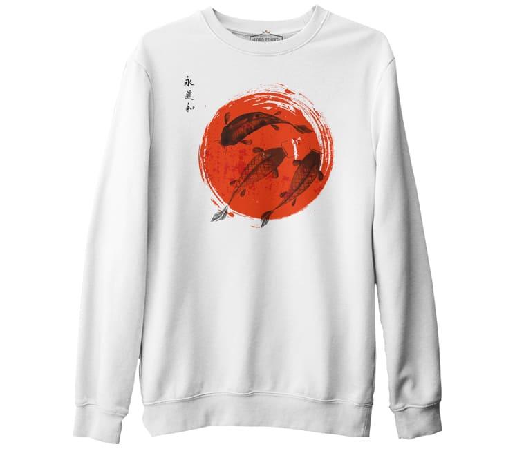 Japon - Koi Beyaz Erkek Kalın Sweatshirt