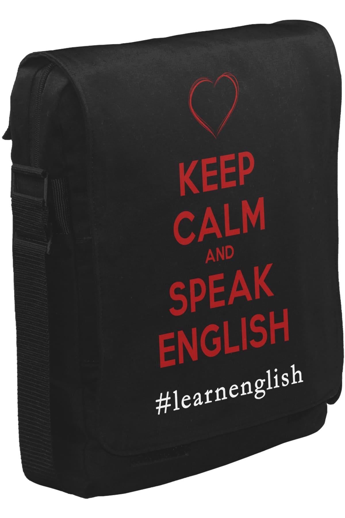 Keep Calm and Speak English Unisex Siyah Postacı Çanta