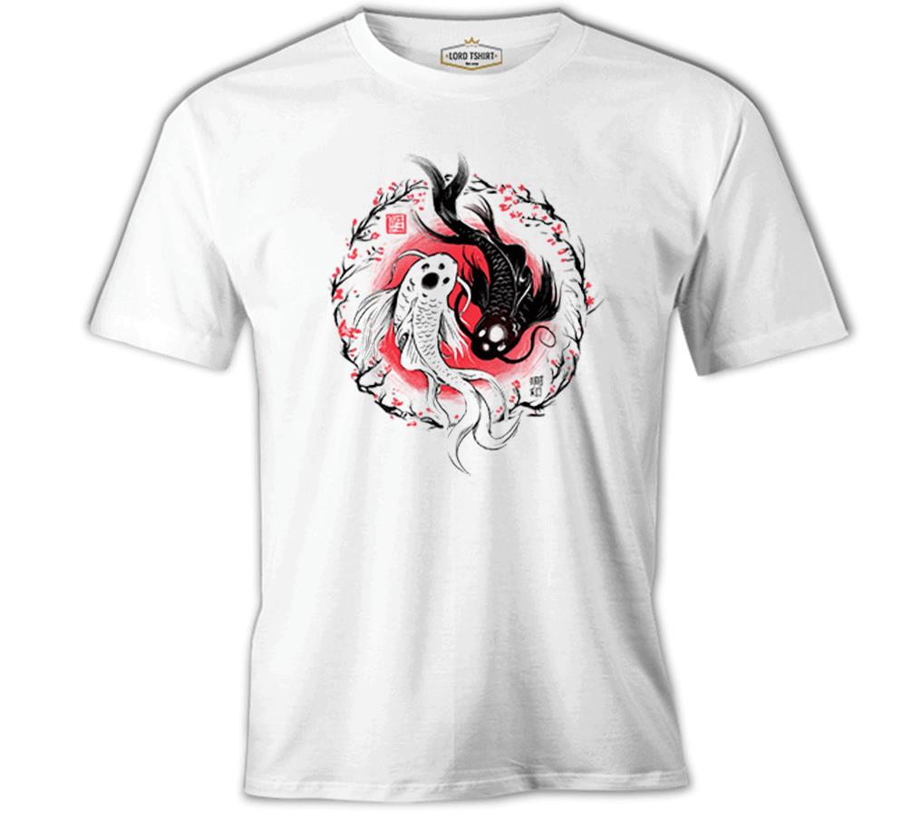 Koi Fishes in a Floral Circle Beyaz Erkek Tshirt