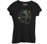 Magical Cat in Space with the Moon and Planets Black Women's Tshirt