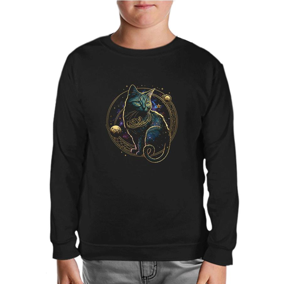 Magical Cat in Space with the Moon and Planets Black Kids Sweatshirt
