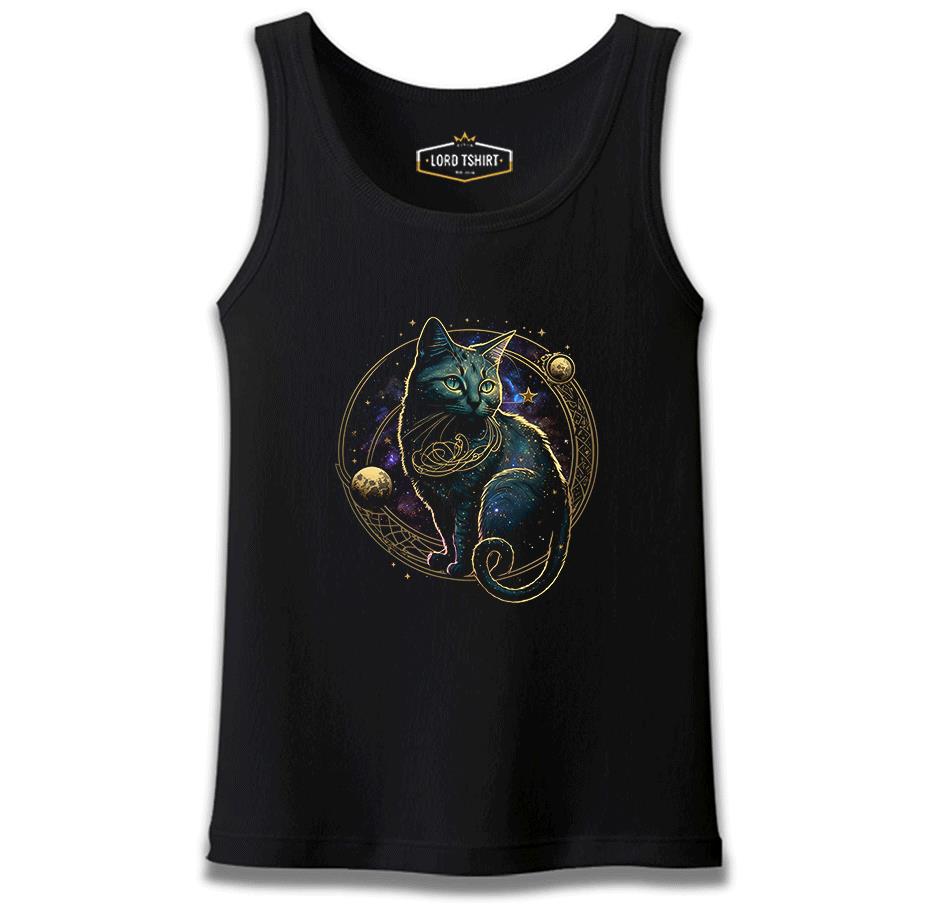 Magical Cat in Space with the Moon and Planets Siyah Erkek Atlet