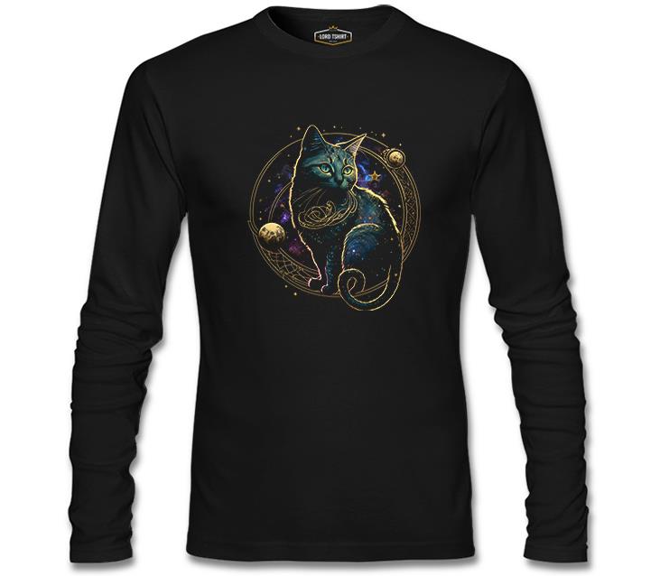 Magical Cat in Space with the Moon and Planets Siyah Erkek Sweatshirt