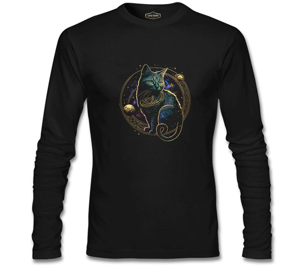 Magical Cat in Space with the Moon and Planets Siyah Erkek Sweatshirt